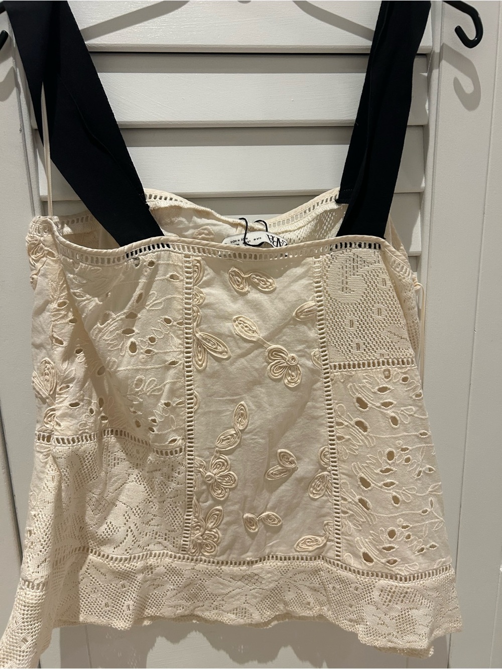 Zara Cream Eyelet Lace Tank with Black Straps